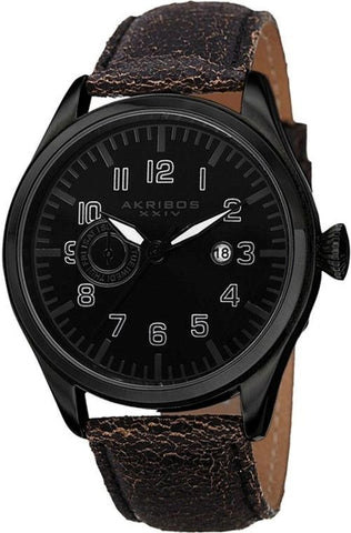 Akribos XXIV AK785BK Swiss Quartz Day Date Leather Strap Black Mens Watch