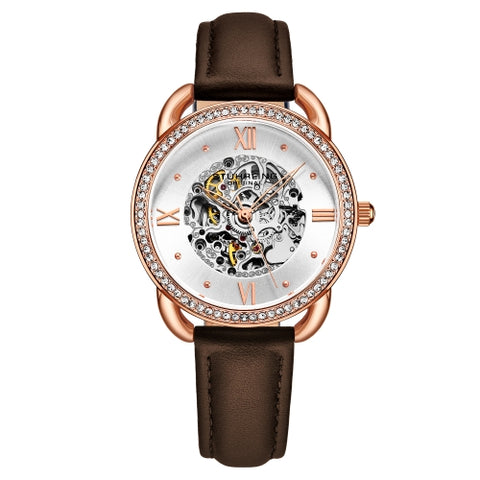 Stuhrling 3991 5 Automatic Skeleton Crystal Accented Brown Leather Strap Womens Watch