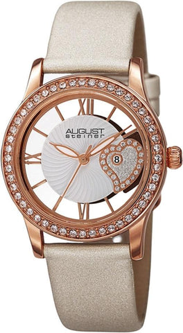 August Steiner AS8176WTR Date White Strap Crystal Accented Rose Womens Watch