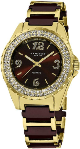 Akribos XXIV AK514BRG Crystal Bezel Ceramic Links Goldtone Brown Womens Watch