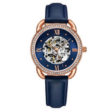 Stuhrling 3991 2 Automatic Skeleton Crystal Accented Blue Leather Strap Womens Watch