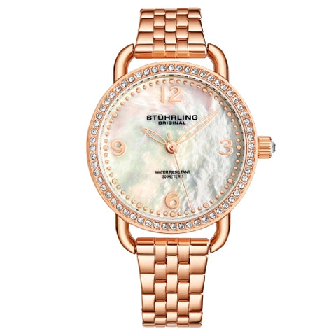 Stuhrling 3955 5 Crystal Accented Mother of Pearl Bracelet Womens Watch