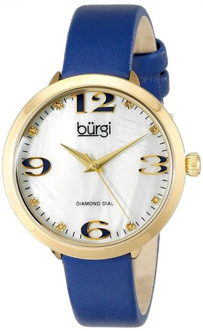 Burgi BUR119BU Diamond Markers MOP Dial Blue Strap Goldtone Womens Watch