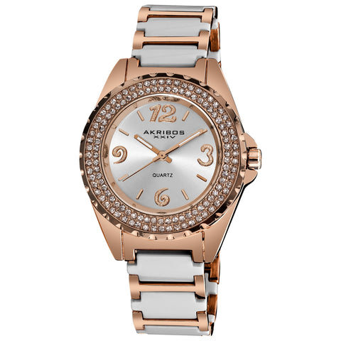 August Steiner Women's AS8036WTR Crystal Accented Rose Gold & White Ceramic Bracelet Watch
