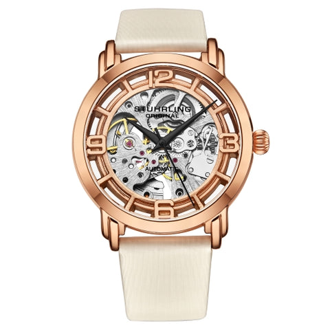Stuhrling 3982 5 Winchester Automatic Skeleton White Leather Womens Watch