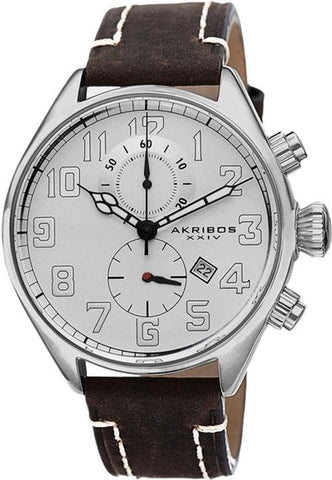 Akribos XXIV AK706BR Chronograph Date Brown Leather Strap Silvertone Mens Watch