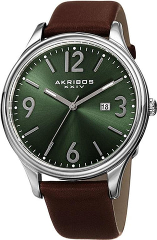 Akribos XXIV AK869GN Date Arabic Numerals Leather Strap Green Dial Mens Watch
