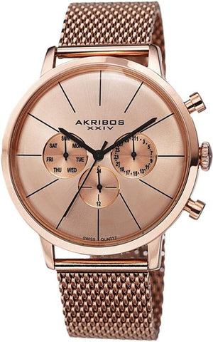 Akribos XXIV AK714RG Swiss Quartz Day Date GMT Mesh Bracelet Rosetone Mens Watch