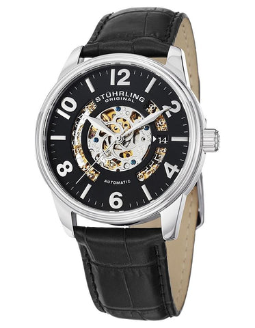 Stuhrling 649 01 Legacy Automatic Skeleton Date Black Leather Strap Mens Watch