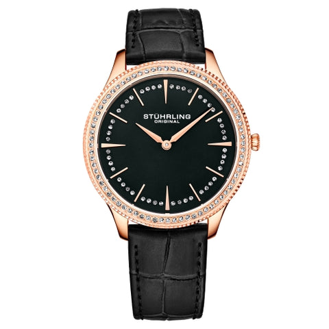 Stuhrling 3985 4 Symphony Crystal Accented Black Genuine Leather Womens Watch