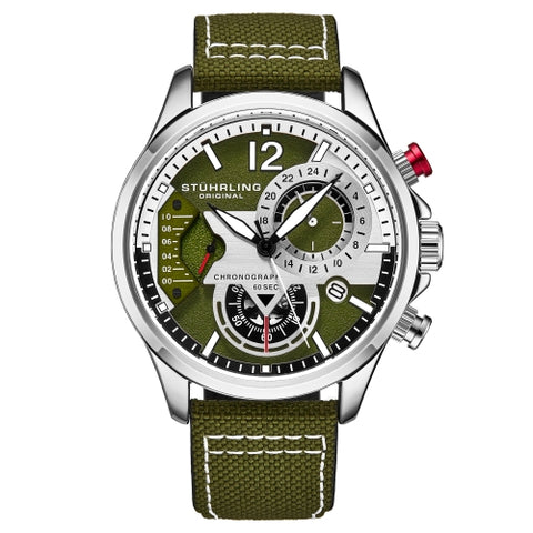 Stuhrling 908 03 Aviator Quartz Chronograph Date Green Leather Mens Watch
