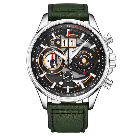 Stuhrling 4010 2 Ace Aviator Quartz Chronograph Date Green Leather Mens Watch