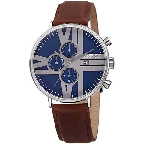 August Steiner AS8212SSBU Month Day Date GMT Dial Leather Strap Mens Watch