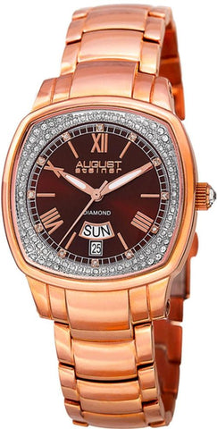 August Steiner AS8193RGBR Day Date GMT Diamond Markers Brown Dial Womens Watch