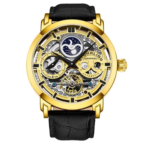 Stuhrling 3924 2 Anatol Automatic Skeleton Dual Time AM/PM Leather Mens Watch
