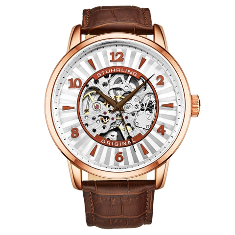 Stuhrling 3973 5 Legacy Automatic Skeleton Brown Leather Strap Mens Watch