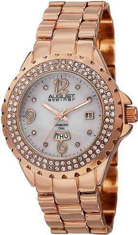 August Steiner AS8156RG Day Date Diamond Bezel MOP Dial Rosetone Womens Watch
