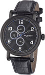 Akribos XXIV AK599BK GMT Day Date Leather Strap Blue Accented Black Mens Watch