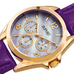 August Steiner AS8191PU Day Date GMT Purple Genuine Leather Strap Womens Watch