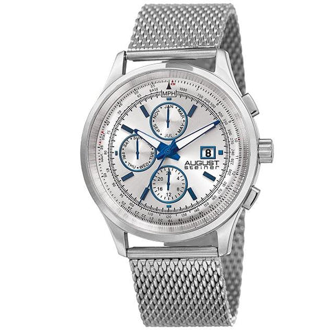 August Steiner AS8194SS Tachymeter Month Day Date GMT Stainless Steel Mens Watch