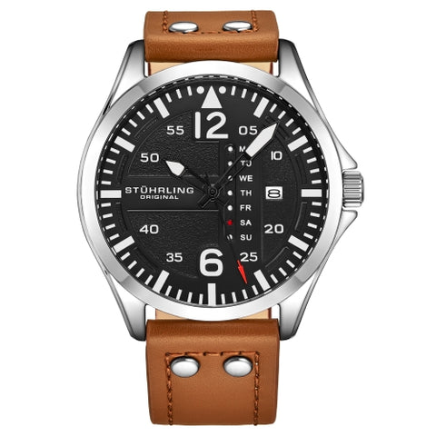 Stuhrling 3916 2 Aviator Day Date Brown Leather Strap Mens Watch