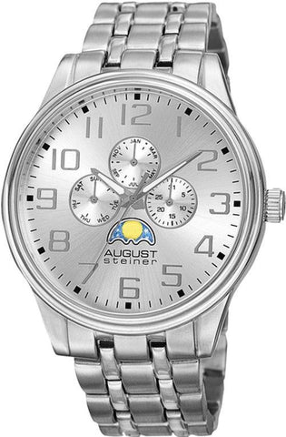 August Steiner AS8174SS Month Day Date AM PM Subdials Silvertone Mens Watch