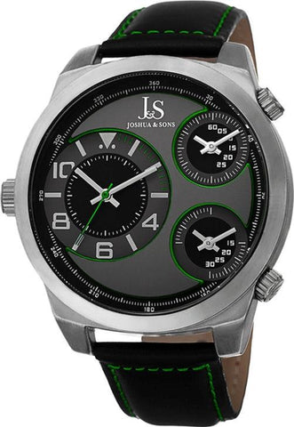 Joshua & Sons JS88GN Triple Time Zone Leather Strap Green Accented Mens Watch