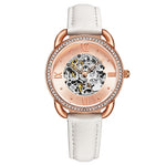 Stuhrling 3991 4 Automatic Skeleton Crystal Accented White Leather Strap Womens Watch