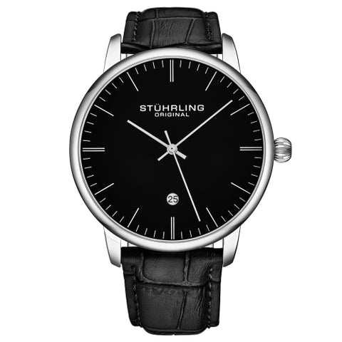 Stuhrling 3997XL 2 Quartz Date Black Embossed Leather Strap Mens Watch