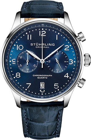 Stuhrling Original 4012 3 Quartz Chronograph Date Blue Leather Mens Watch