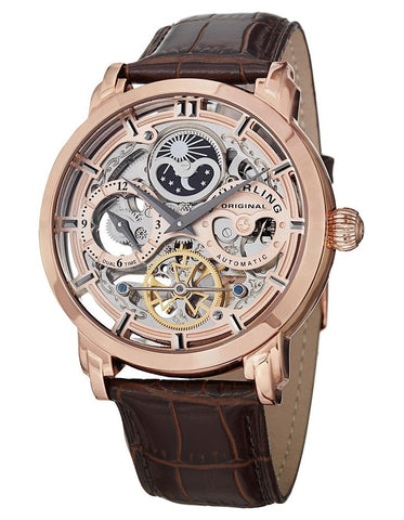 Stuhrling 371 03 Automatic Skeleton Dual Time AM/PM Indicator Leather Mens Watch