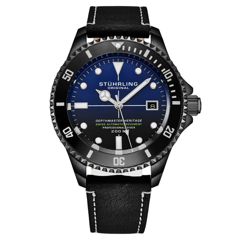 Stuhrling 883HB 02 Depthmaster Automatic Diver Leather Date Mens Watch