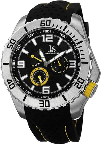 Joshua & Sons JS53YL Day Date Perforated Silicone Strap Yellow Accent Mens Watch