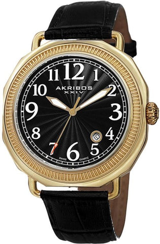 Akribos XXIV AK770YG Swiss Quartz Date Leather Strap Goldtone Black Mens Watch