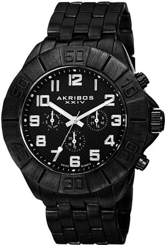 Akribos AK767BK Swiss Quartz Day Date GMT Silvertone Accent Black Mens Watch