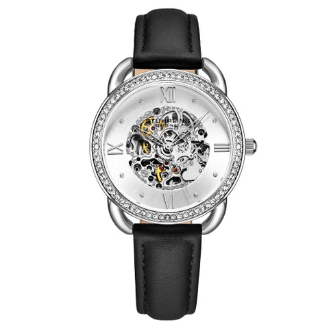 Stuhrling 3991 1 Automatic Skeleton Crystal Accented Black Leather Strap Womens Watch