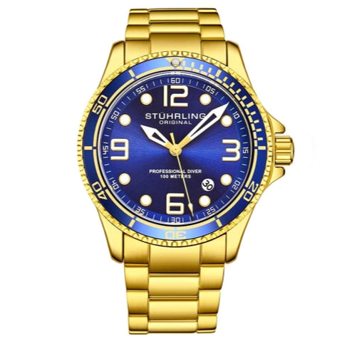 Stuhrling 3930 8 Aquadiver Date Blue Dial Stainless Steel Bracelet Mens Watch