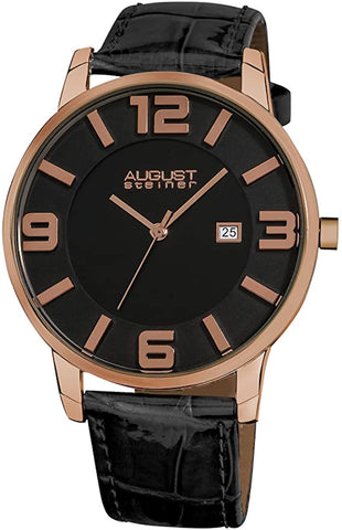 August Steiner AS8055RG Slim Swiss Quartz Black Leather Strap Mens Watch