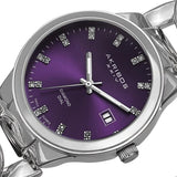 Akribos AK759SSPU Swiss Quartz Date Purple Diamond Dial Silvertone Womens Watch