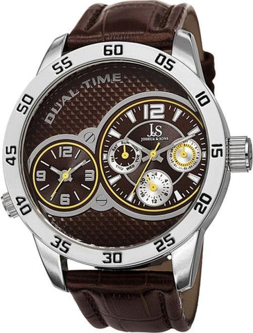 Joshua & Sons JS97BR Dual Time Day Date GMT Yellow Accented Brown Mens Watch