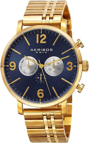 Akribos XXIV AK782YGBU Swiss Quartz Day Date GMT Blue Dial Goldtone Mens Watch