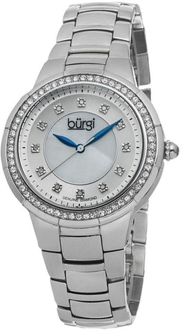 Burgi BUR093SS Swiss Quartz Diamond Markers Blue Accent Silvertone Womens Watch