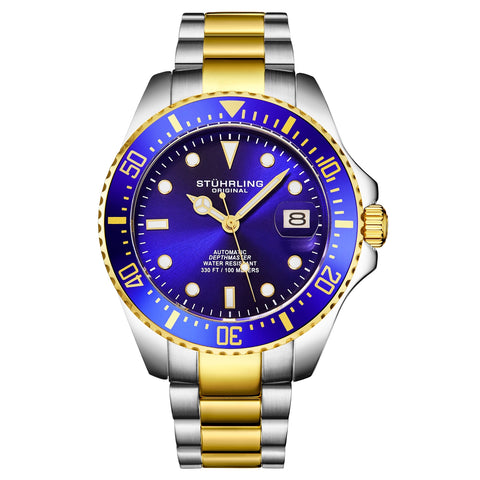 Stuhrling 4048 5 Automatic Depthmaster Diver Date Two Tone Blue Dial Mens Watch