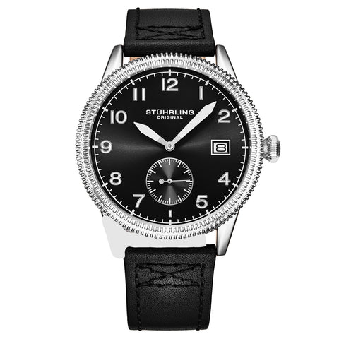 Stuhrling 4011 2 Wingman Quartz Aviator Quartz Date Black Leather Mens Watch