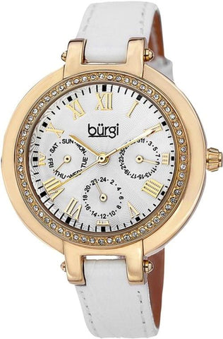 Burgi BUR085YGW GMT Day Date Crystal Bezel White Strap Goldtone Womens Watch