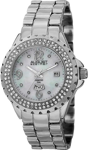 August Steiner AS8156SS Day Date Diamond Bezel MOP Dial Silvertone Womens Watch