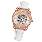 Stuhrling 3991 4 Automatic Skeleton Crystal Accented White Leather Strap Womens Watch