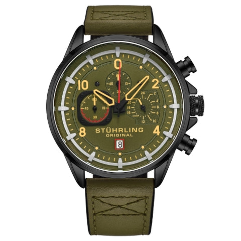 Stuhrling Original 929 04 Chronograph Date Quartz Green Leather Mens Watch