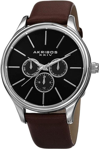 Akribos XXIV AK870BR Day Date GMT Black Dial Brown Leather Strap Mens Watch