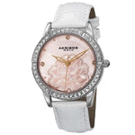 Akribos XXIV AK805SS White Quartz Crystal Accented Leather Strap Womens Watch